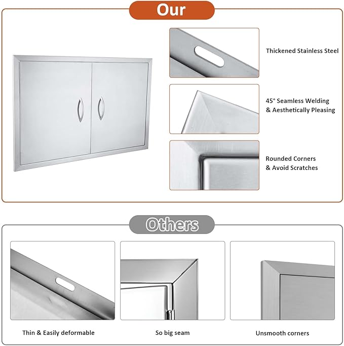JIE JIN 35" W X 24" H Outdoor Kitchen Doors Double Doors Thickened 304 Brushed Stainless Steel BBQ Access Door BBQ Island Doors Outdoor Kitchen Accessories Door for Outdoor Kitchen BBQ Island