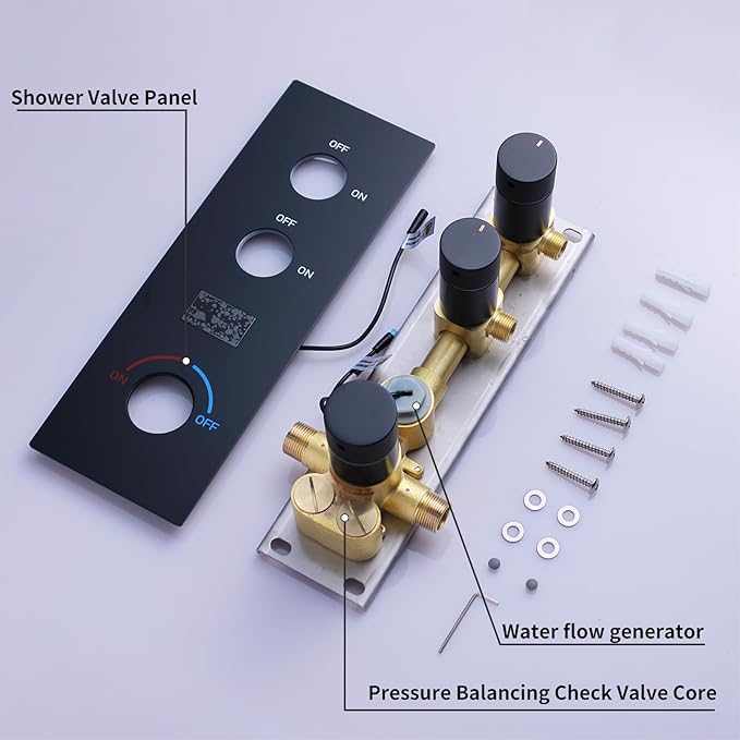 Concealed Mount Brass Shower Valve, Digital Temperature Display, Flow Control Mixing Valve, 2 Function, Matte Black