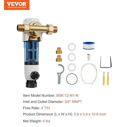VEVOR Spin Down Sediment Filter, 360 Mountable, 4th Gen Backwash Pre-Filtration, Bi-Side Scraper Flush, 20 GPM Reusable Whole House Water Filter, Pressure Gauge, 3/4" MNPT