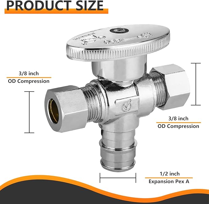 5-PCs HeSun Dual Compression Outlet Angle Stop Valve, 1/2" PEX-A Expansion x 3/8" OD Comp x 3/8" OD Comp, 1/4-Turn Shut Off Valve for Bathroom, ASTM F1960(VALVE128-5)