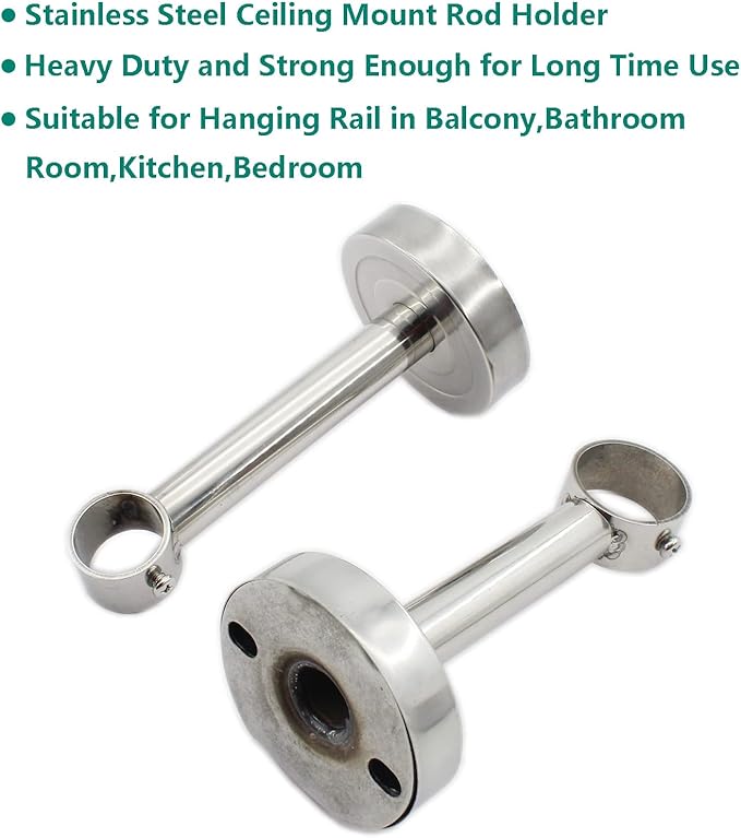 2 Pack Ceiling Mount Bracket, Stainless Steel Wardrobe Pipe Bracket Rod Holder Ceiling Holder, ULIFESTAR Shower Curtain Closet Wardrobe Rod Lever Support Pipe Flange Socket (D*H)33*200mm/1.3*8''
