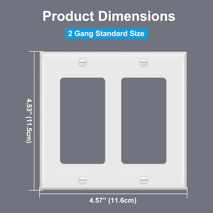 [2 Pack] BESTTEN 2-Gang Decorator Wall Plate, Standard Size, H4.53” x W4.57”, Unbreakable Polycarbonate Outlet and Switch Cover, UL Listed, White