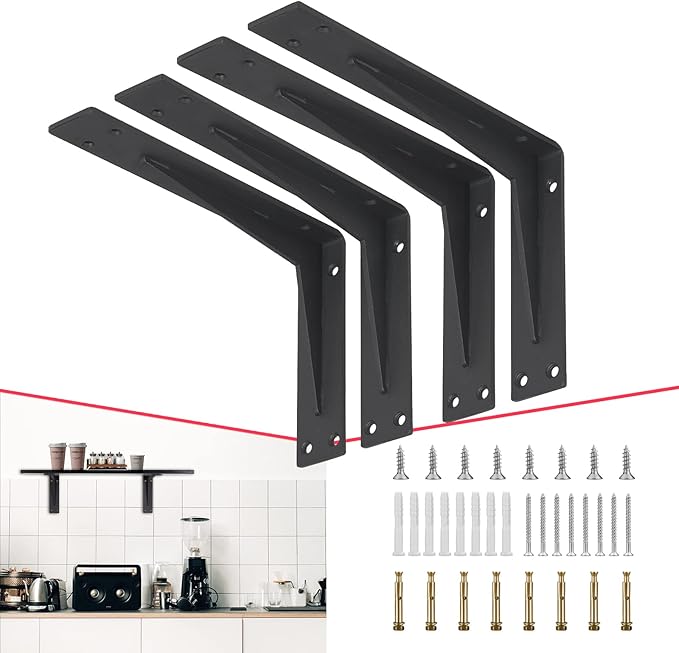 CLT Black Shelf Bracket, 16” Quarter Inch (1/5") Thick- Max Load: 440 lb Industrial Modern Farmhouse Heavy Duty Corner Brace Joint Right Angle Bracket for Table Bench, Space Saving DIY, Pack of 4