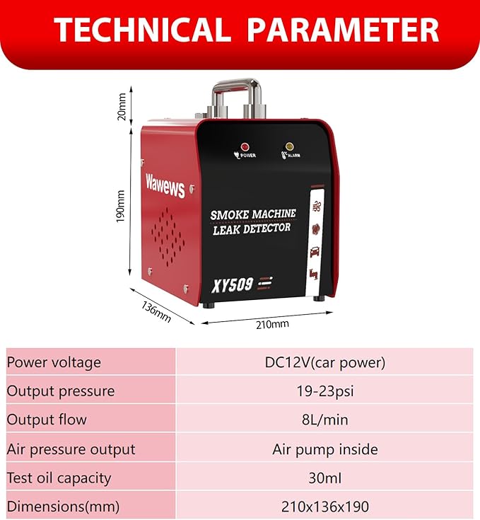 Automotive Smoke Machine Leak Detector, Evap Vacuum Smoke Diagnostic Tester with Built-in Air Compressor, Pipeline Fuel Leakage Detector Compatible with 12V DC Vehicles