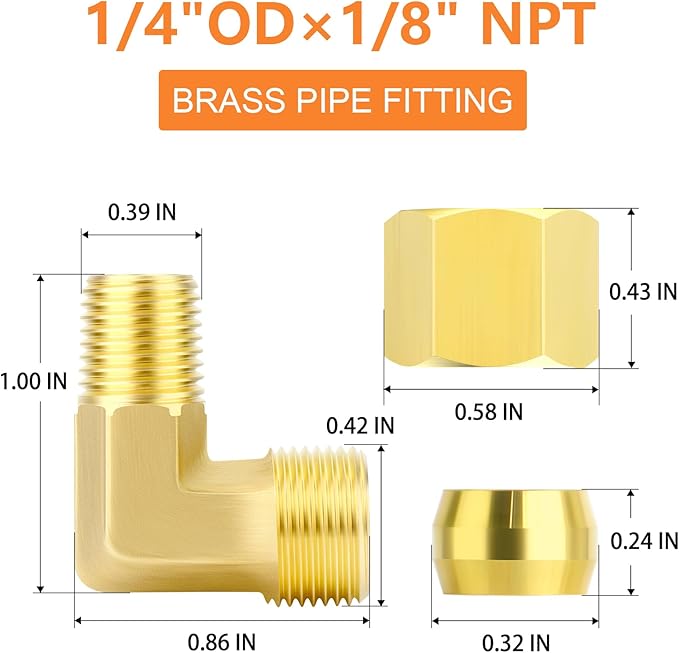 GASHER 10PCS Brass 90 Degree Elbow Compression Tube Pipe Fitting Connector, 1/4" Tube OD x 1/8" NPT Male Connector