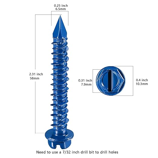 Wensilon(30 PCS) 1/4" * 1-3/4" Slotted Hex Concrete Screws Anchor Blue Hexagon Head for Anchoring to Masonry, Block or Brick Stucco