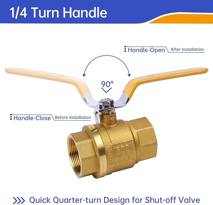YADIAN 1-1/2" Full Port Brass Ball Valve with Heavy Duty Yellow Vinyl Insulation Handle, Water Shut Off Ball Valve 1-1/2inch, NPT Female x Female Thread, 600 WOG (1-1/2'' NPT, Pack of 1）