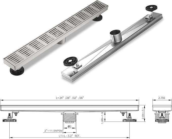 Linear Shower Drain 32 Inch, Professional Brushed SUS-304 Stainless Steel Shower Drain, 51L/Min Fast Drainage Floor Linear Drain, US Standard CUPC Certified, Brushed Silver, SD-109