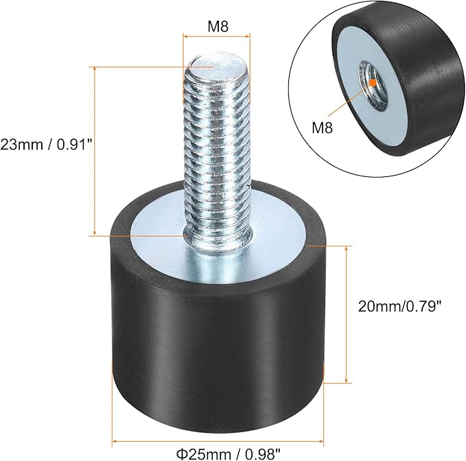 uxcell 6pcs M8x23mm Rubber Isolator Mounts with Studs 25x20mm Male Female Vibration Shock Absorber Zinc Plated Cylindrical Thread Mounts Anti Vibration Isolators with 6pcs M8 Lock Nuts