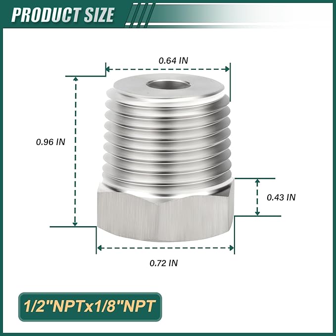 5PCS 304 Stainless Steel Reducer Hex Bushing, 1/2" NPT Male x 1/8" NPT Female, Reducing Pipe Adapter Fitting, for Air/Fuel/Water/Gas/Oil