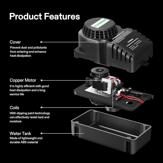 VIVOSUN Automatic Condensate Removal Pump, 115 Volts/60Hz, 80GPH, 1/30 HP with Safety Switch and Tubing for Air Conditioners, Dehumidifiers, Ice Machines, Furnaces, Black