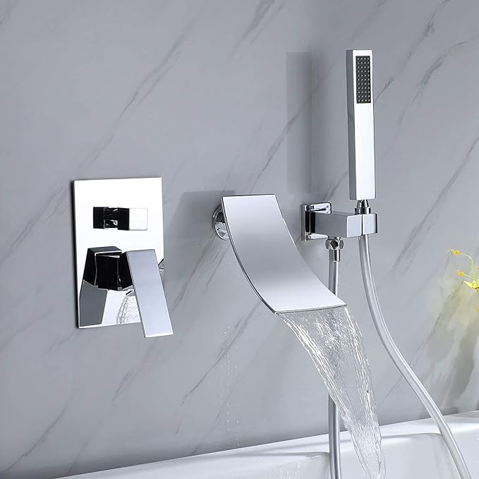 Wall Mount Bathtub Faucet with Handheld Shower, Chrome Single Handle Bathroom Waterfall Tub Filler Solid Brass Tub Shower Faucet Set Rough-in Valve Trim Kit