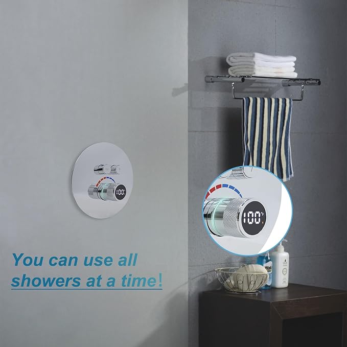 Round Digital Display Shower Valve 2 Way Shower Mixing Valve Concealed Installation Can Use All the Time Polished Chrome