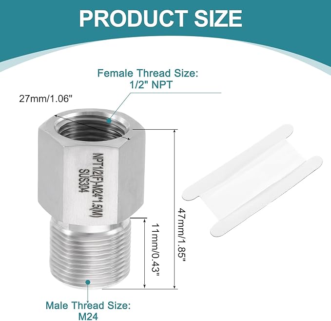 uxcell Pipe Fitting Reducing Adapter, M24 Male x 1/2" NPT Female 304 Stainless Steel Reducer Connector for Water Oil Air Pressure Gauge, Silver