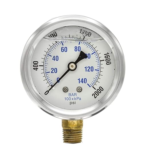 PIC Gauges PRO-201L-254O 0-2000 PSI Pressure Gauge, 2 1/2" Dial, 1/4" Male NPT Connection, Bottom Mount, Dual Scale, Glycerin Filled, Stainless Steel Case/Bezel, Brass Internals & Plastic Lens