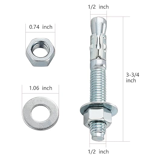 1/2" Wedge Anchors Zinc Plated Heavy Duty Fastener for Concrete (12, 1/2" x 3-3/4")