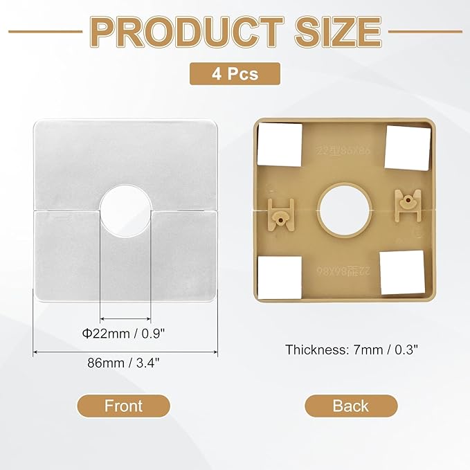 PATIKIL Wall Split Flange 86mm / 3.4" OD, 4 Pcs Square Escutcheon Plate Cover PPR Plumbing Cover Plates with Self-Adhesive Tape for 22mm / 0.9" Dia Water Pipe Faucet, Silver
