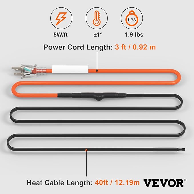 VEVOR Self-Regulating Pipe Heating Cable, 40FT 5W/FT Heat Tape for Pipes Freeze Protection, Water Pipe Heat Cable with Built-in Thermostat Protects PVC Hose, Metal and Plastic Pipe from Freezing