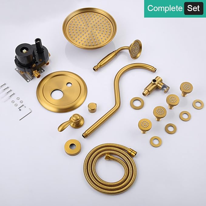 Brushed-Gold Antique Shower System with Jets: 9 inch Rain Faucet Sets Complete Wall Rainfall Head and Handheld Spray Fixtures Combo, 3 Way Diverter Brass Rough in Valve Trim Kit