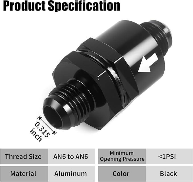 AN6 One Way Non Return Check Valve 6AN to AN6 Male Flare Inline Fitting Aluminum Black 2PCS