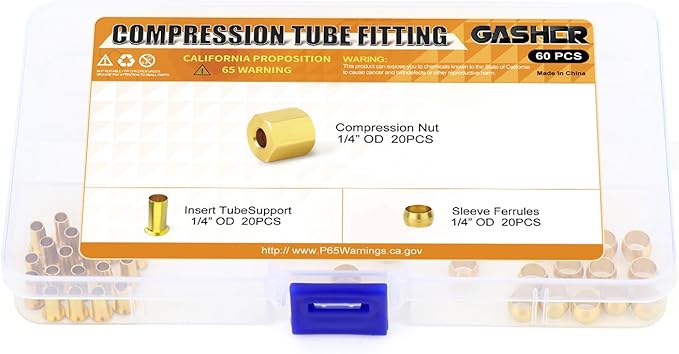 GASHER 60PCS Brass Compression Fitting Kit,Sleeve Ferrules&Insert Tube Support&Ferrule head,1/4" Tube OD