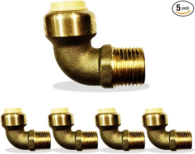 Push-fit Fittings 1/2 Inch x 1/2 Inch - Push-fit Male Adapter Elbow - Male NPT Threaded Elbow - Push-to-Connect Pex Copper CPVC - No Lead Brass (Pack of 5)
