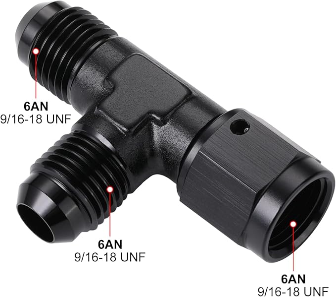 6AN Male Flare Tee T Fitting Adapter with AN6 Female Swivel On Run Aluminum Black