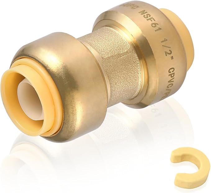 100-Pack HeSun Pushfit Coupling, 1" x 1" Push to Connect Plumbing Fittings with Disconnect Clip, Brass Push-fit Fittings for PEX, Copper, CPVC, PE-RT Pipes(PF009-100)