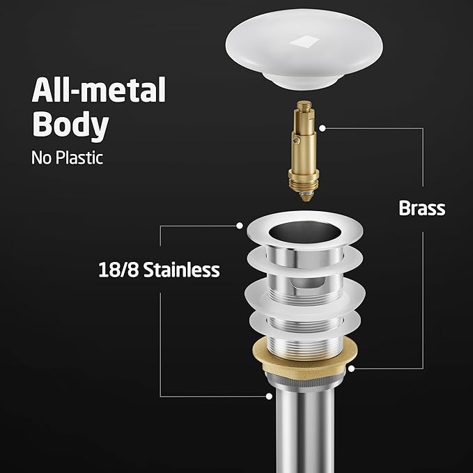 KES Bathroom Sink Drain with Oveflow, Pop Up Drain for Bathroom Sink, Bathroom Sink Stopper (White Ceramic Cap and All-Metal Body), S2008A-CW