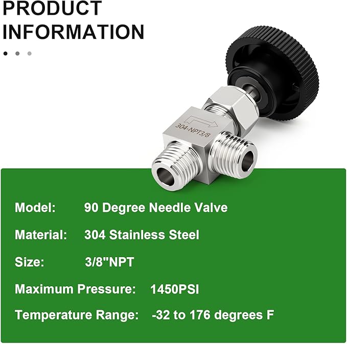 TAISHER 1PCS 304 Stainless Steel 90 Degree Needle Valve 3/8" NPT Male For Flow Control Water Gas Oil