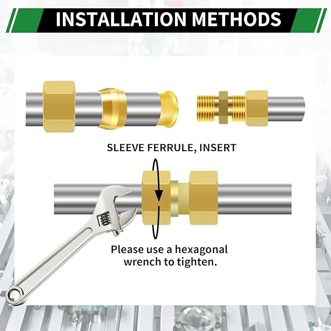 55pcs 3/8" Brass Compression Sleeves Ferrules Inserts Nuts Fittings Assortment Kit, Hose Repair Kit of Air Water Fuel Oil Gas Tube Lines.