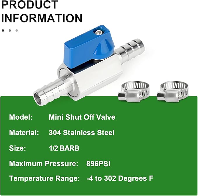TAISHER 1PCS 304 Stainless Steel 1/2" Mini Ball Valve Shut Off Switch, 1/2" Hose Barb with 2PCS Hose Clamps