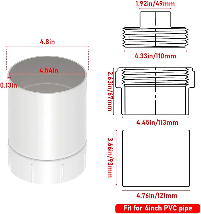 4" Sewer Cleanout Adapter with Plug Pipe Fitting, PVC DWV Flush Sewer Cleanout Cap, PVC S&D Coupling, 4-Inch, Hub X Hub Connection, for use with 4-Inch Sewer and Drain Pipe