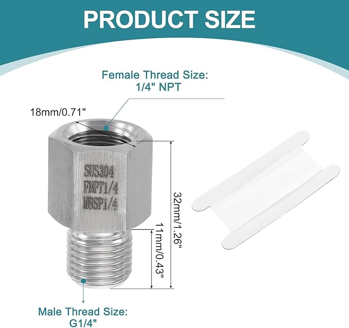 uxcell Pipe Fitting Reducing Adapter, G1/4" Male x 1/4" NPT Female 304 Stainless Steel Reducer Connector for Water Oil Air Pressure Gauge, Silver