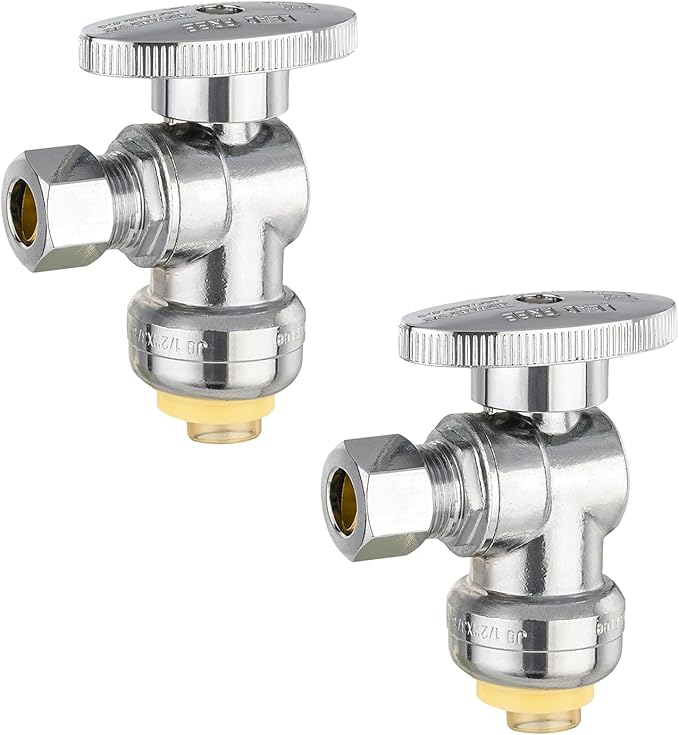 2-Pack Foskan Push Fit Angle Stop Valve,1/4 Turn Shut off Valve 1/2" Push Fit x 3/8" OD,Chrome Plated Brass