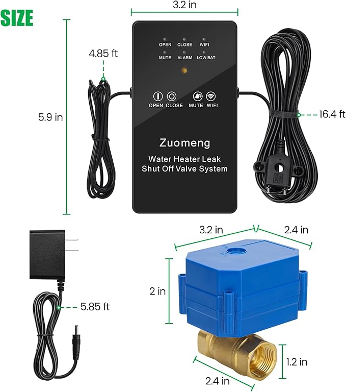Smart Water Heater Remote Stop Valve with Leak Sensor, Automatic Shutoff, Water Leak Alert Push, 3/4"NPT 150PSI Brass Valve