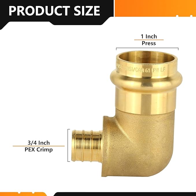 2-Pack HeSun Copper Press Fitting Elbow, 1" PRESS X 3/4" PEX F1807 Crimp Elbow, LF Brass