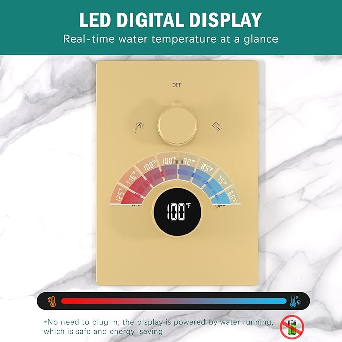 Shower Mixing Valve with Brushed Gold Trim Kit, 3 Way Shower Diverter Digital Brass Valve Body Temperature Display Mixer for Shower Faucets