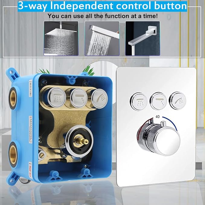 Modern Push-Button 3 Way Thermostatic Shower Diverter Valve Concealed Brass Faucet Rough-In Mixer Valve Kit in Chrome, Can Use Together