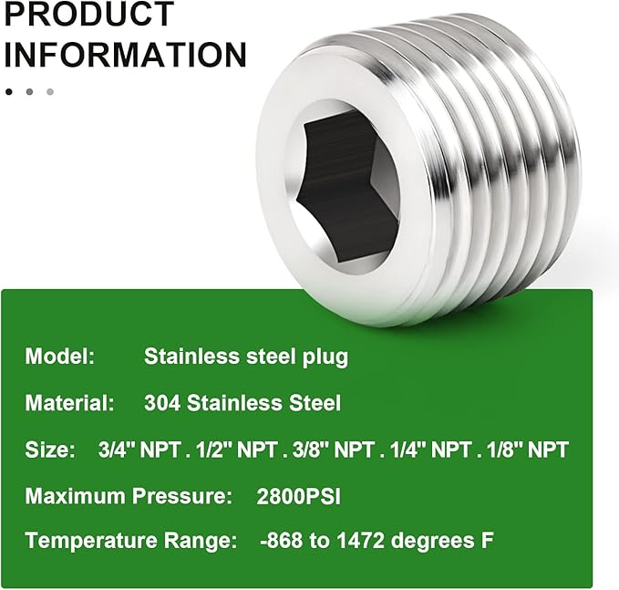 TAISHER 25PCS Stainless Steel Internal Hex Thread Socket Pipe Plug Fitting 1/8" 1/4" 3/8" 1/2" 3/4" NPT Male