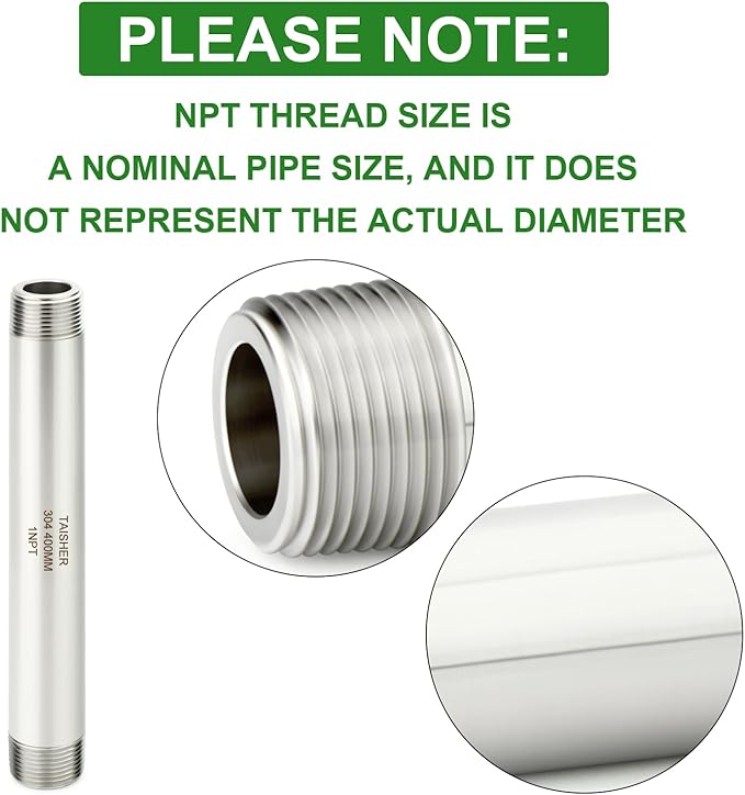 TAISHER 2PCS Stainless Steel Pipe Fittings, 1" NPT Male x 1" NPT Male Threaded, 16" Length Thickened Nipple Cast Pipe