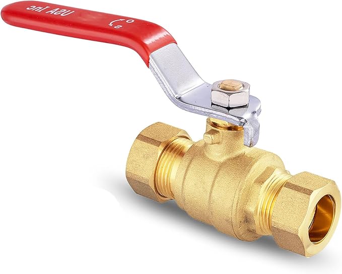 1/2" Ball Valve, 1 Pack Compression Shut Off Valve Red, Quarter Turn Brass Full Port Shut Off Ball Valve for Hot and Cold Water, NSF/ANSI 61 Certified