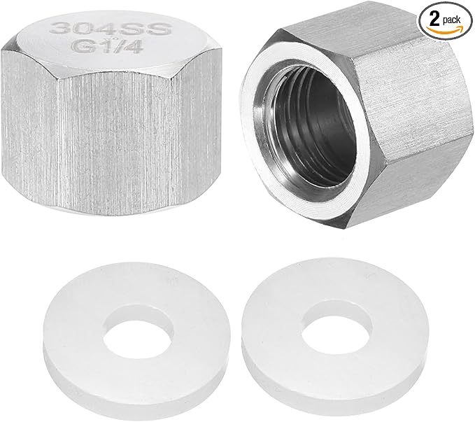 uxcell 2pcs Hex End Cap 304 Stainless Steel Nut with Washer, G1/4" Female Thread Pipe Fitting, Gas Line Water Line Stop Valve Cap Tubing Ends for Plumbing Fittings, Silver Tone