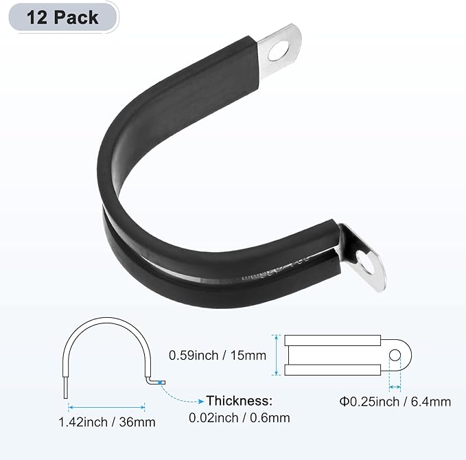 12-Pack Cable Clamps, 1-7/16 Inch/ 36 mm 304 Stainless Steel Rubber Cushioned Insulated Cable Clamp R Shape Metal Holder for Tube/Wire/Pipe/Loop Installation