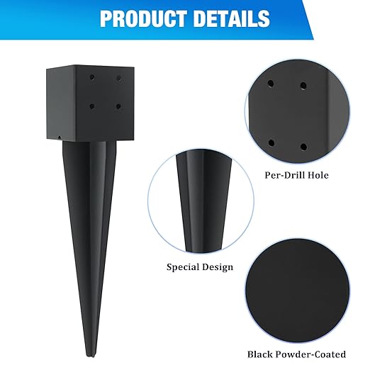 3 Pcs 4"x4" Fence Post Anchor Ground Spike 16"(Actual 3.6"x3.6") Heavy Duty Metal Fence Post Anchor with Black Powder-Coated for Deck,Fence,Porch,Railing,Mailbox