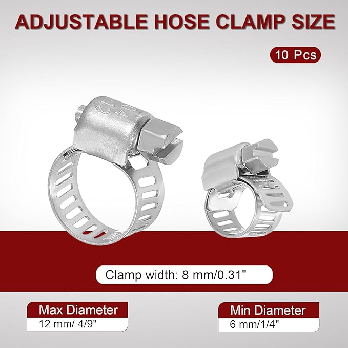 MECCANIXITY Stainless Steel Hose Clamp, Worm Gear Clamp Adjustable 1/4"- 4/9"(6-12mm) Fuel Line Hose Clamps Duct Clamp for Pipe Plumbing Automotive Mechanical (Pack of 10)