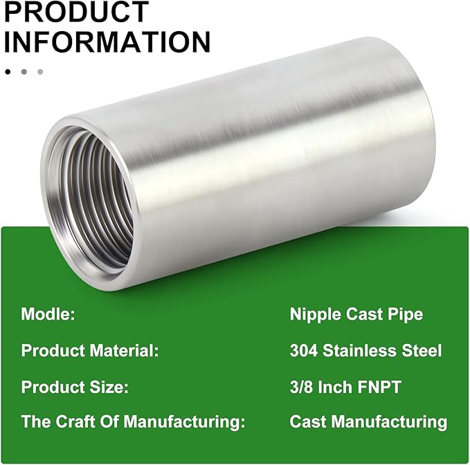TAISHER 2PCS Stainless Steel Pipe Fittings, 3/8" NPT x 3/8" NPT Female Threaded, 2" Length Nipple Cast Pipe