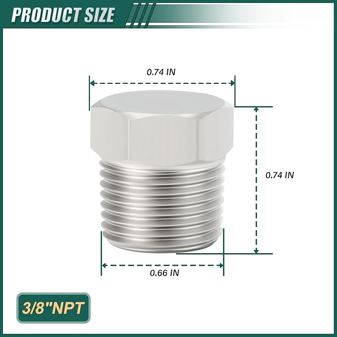 5PCS Stainless Steel Outer Hex Thread Socket Pipe Plug Fitting, 3/8" NPT Male, for Blocking or Sealing Holes in Pipes or Devices