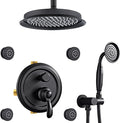 Homekice Antique Shower Faucet-Sets Complete Fixtures: 9 inch Ceiling Rain Head with Handheld Spray and Body Jets, 3 Way Diverter Brass Rough in Valve System Included Trim Kit, Matte Black
