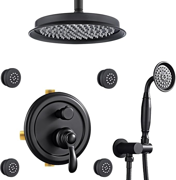 Homekice Antique Shower Faucet-Sets Complete Fixtures: 9 inch Ceiling Rain Head with Handheld Spray and Body Jets, 3 Way Diverter Brass Rough in Valve System Included Trim Kit, Matte Black